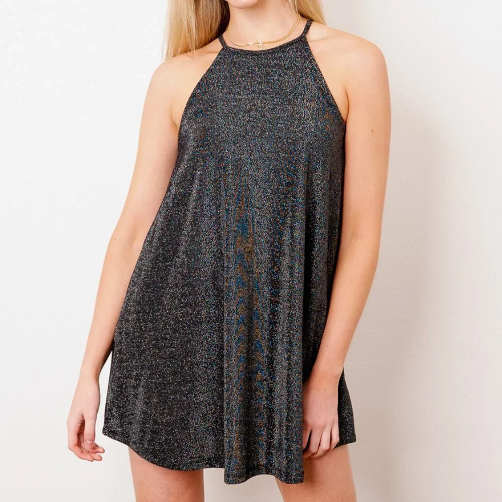 New Years Eve Mini Dress Metallic Silver Sparkle Babydoll Dress Storia - Picture 7 of 13